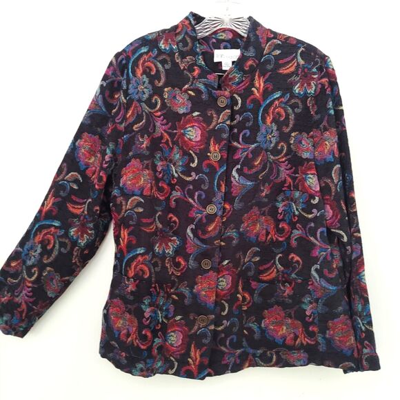 TOG Shop Blazer Petite Large Jacquard Floral Tapestry Jacket Black Colorful - Picture 1 of 12